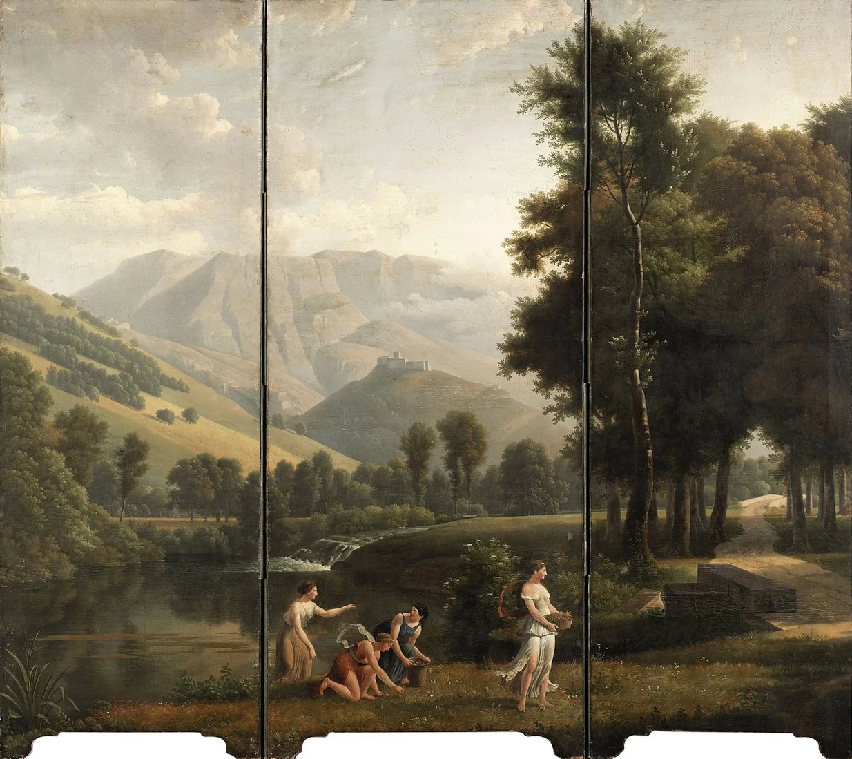 Alexandre Hyacinthe Dunouy - Paesaggio arcadico con fanciulle che raccolgono fiori sulla riva di un fiume